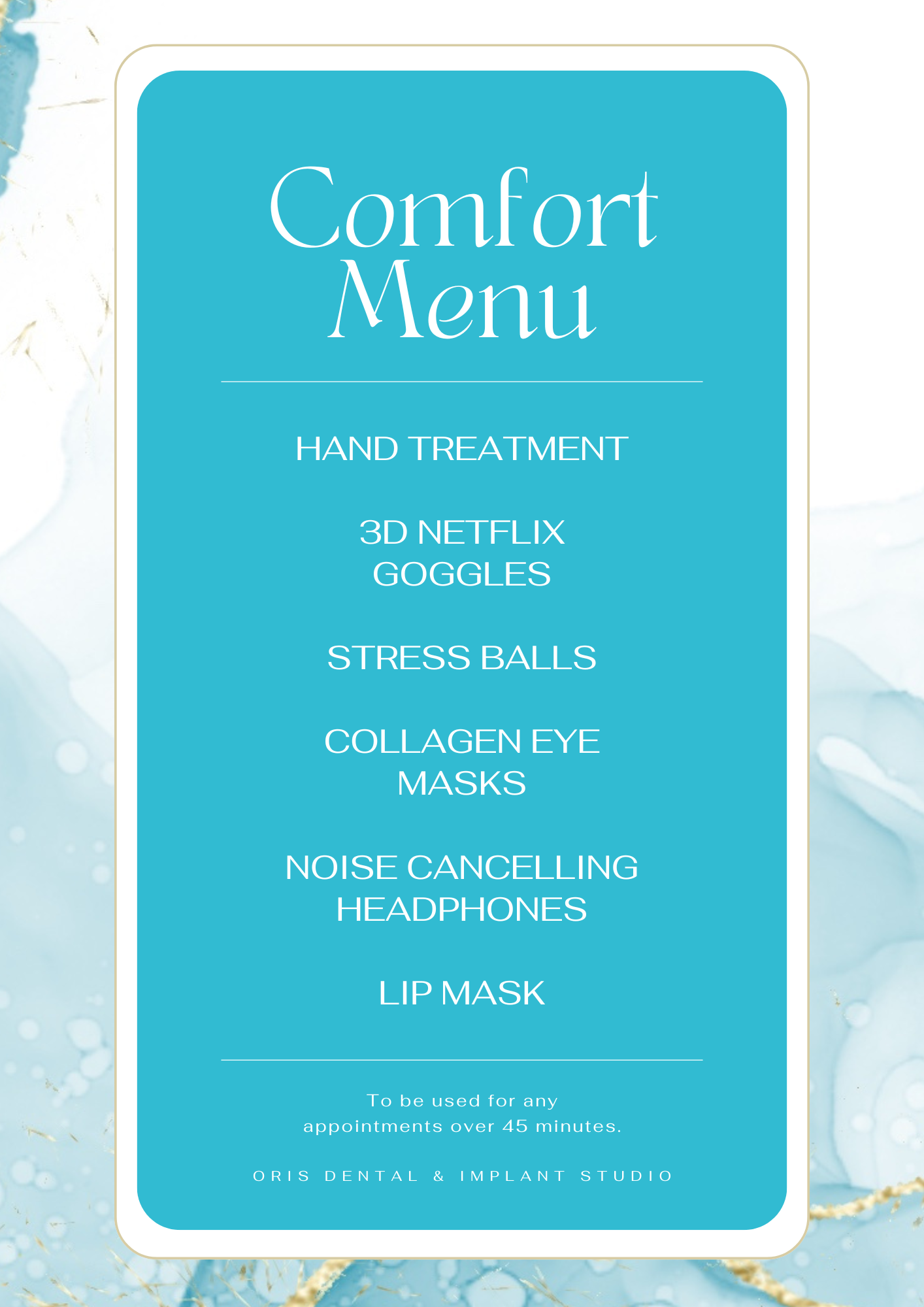 Oris Dental and Implant Studio comfort menu